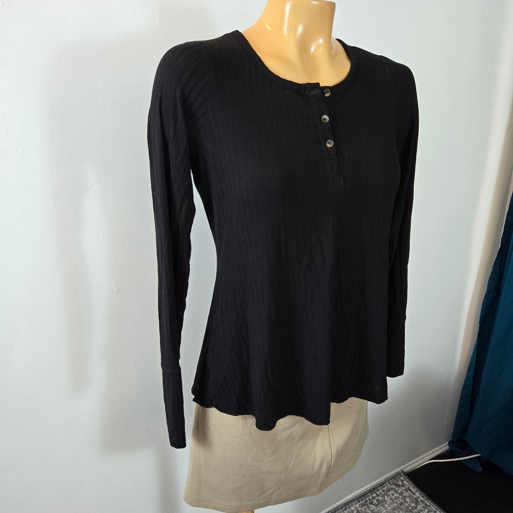 Shebird Womens Henley Top Size 1 Black Built-in Bra Ribbed‎ Long Sleeve Capsule